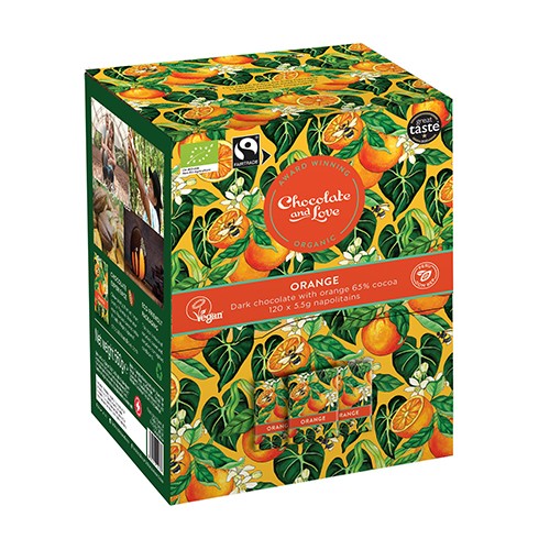 Orange Dispenser Box, 120 X 5.5g Chokolader. økologisk Mørk Chokolade   660 Gram     fra Chocolate And Love