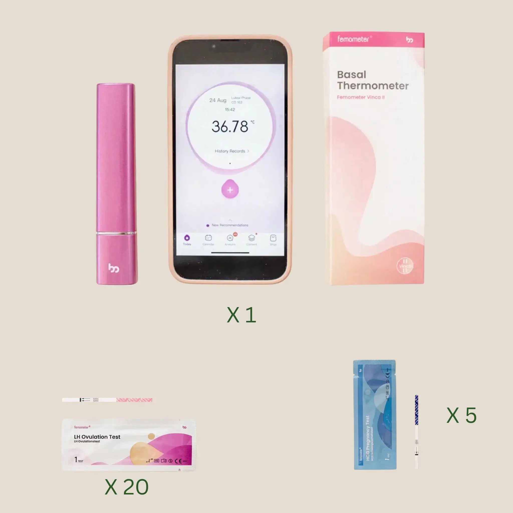 ægløsningstest Strimmel 20 Stk. +   Graviditetstest Strimmel 5 Stk +   Vinca Ii Termometer fra Femometer