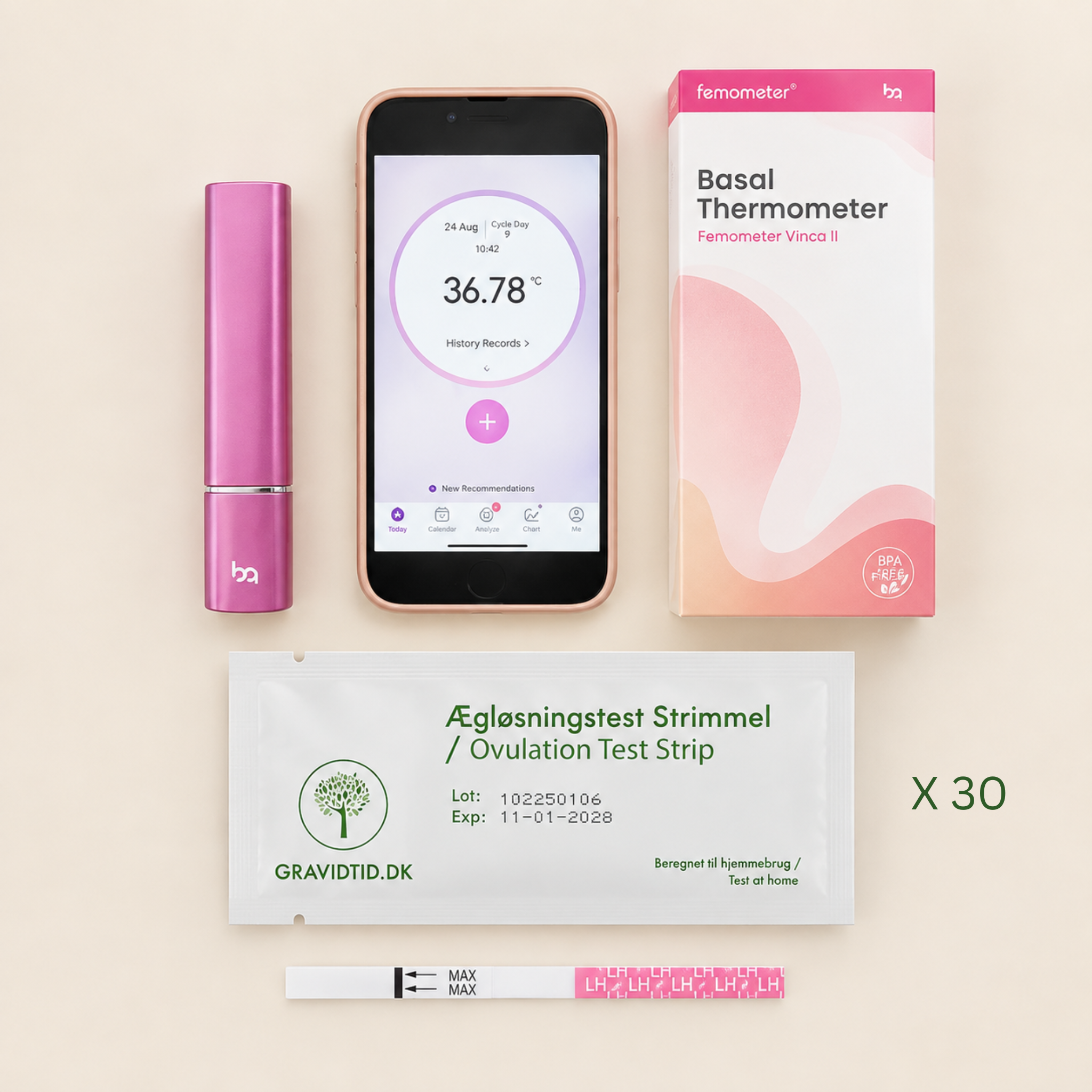 Pcos Tracking Kit. Femometer Termometer + 30 ægløsningstests fra Gravidtid